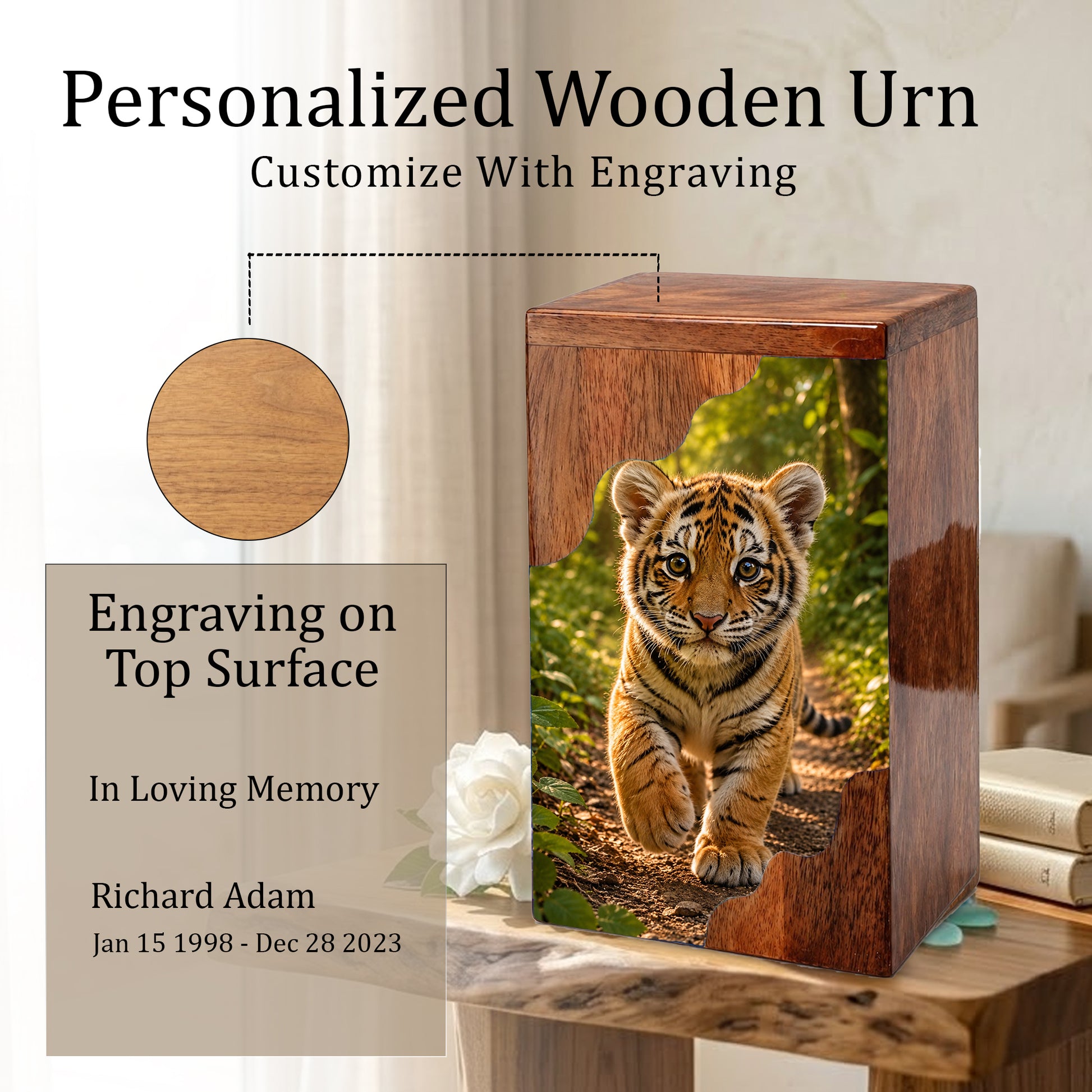 Tiger Wooden Cremation Urn – Strength & Courage Memorial Urn for Human Ashes