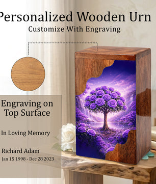 Purple Rose Tree Wooden Cremation Urn – Floral Memorial Urn with Tree of Life