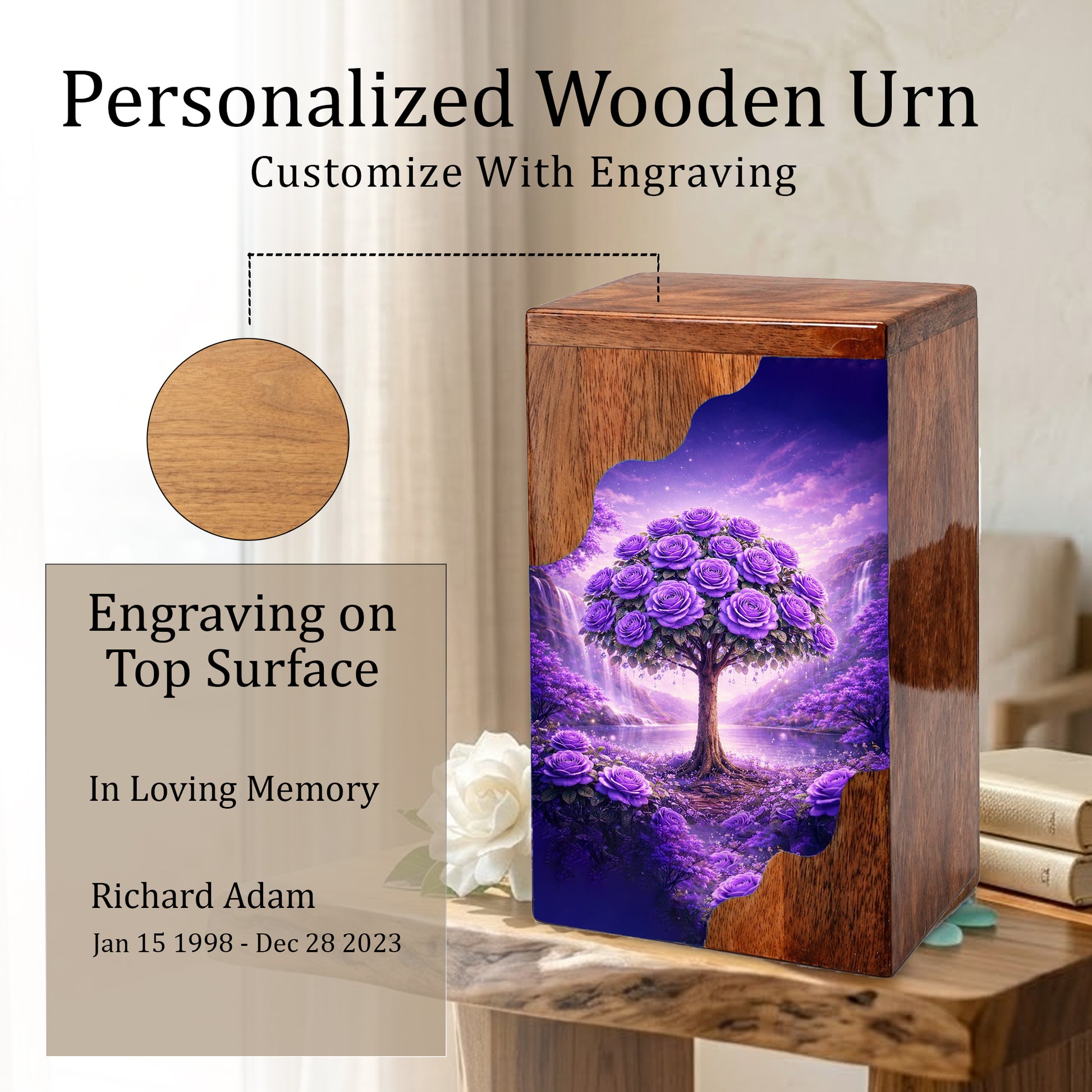 Purple Rose Tree Wooden Cremation Urn – Floral Memorial Urn with Tree of Life