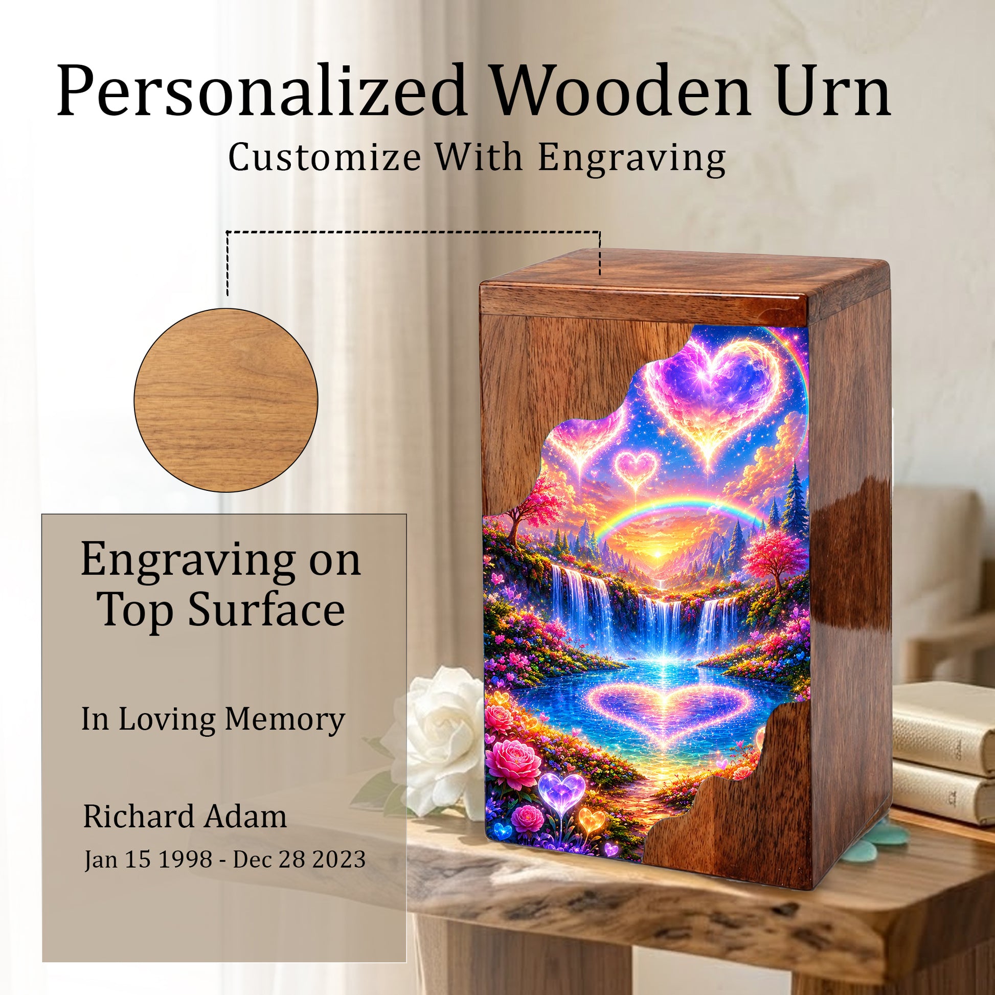 Heart Heaven Wooden Cremation Urn – Rainbow Waterfall Memorial Urn
