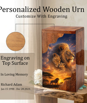 Lion Family Wooden Cremation Urn – Legacy & Eternal Love Memorial Urn for Human Ashes