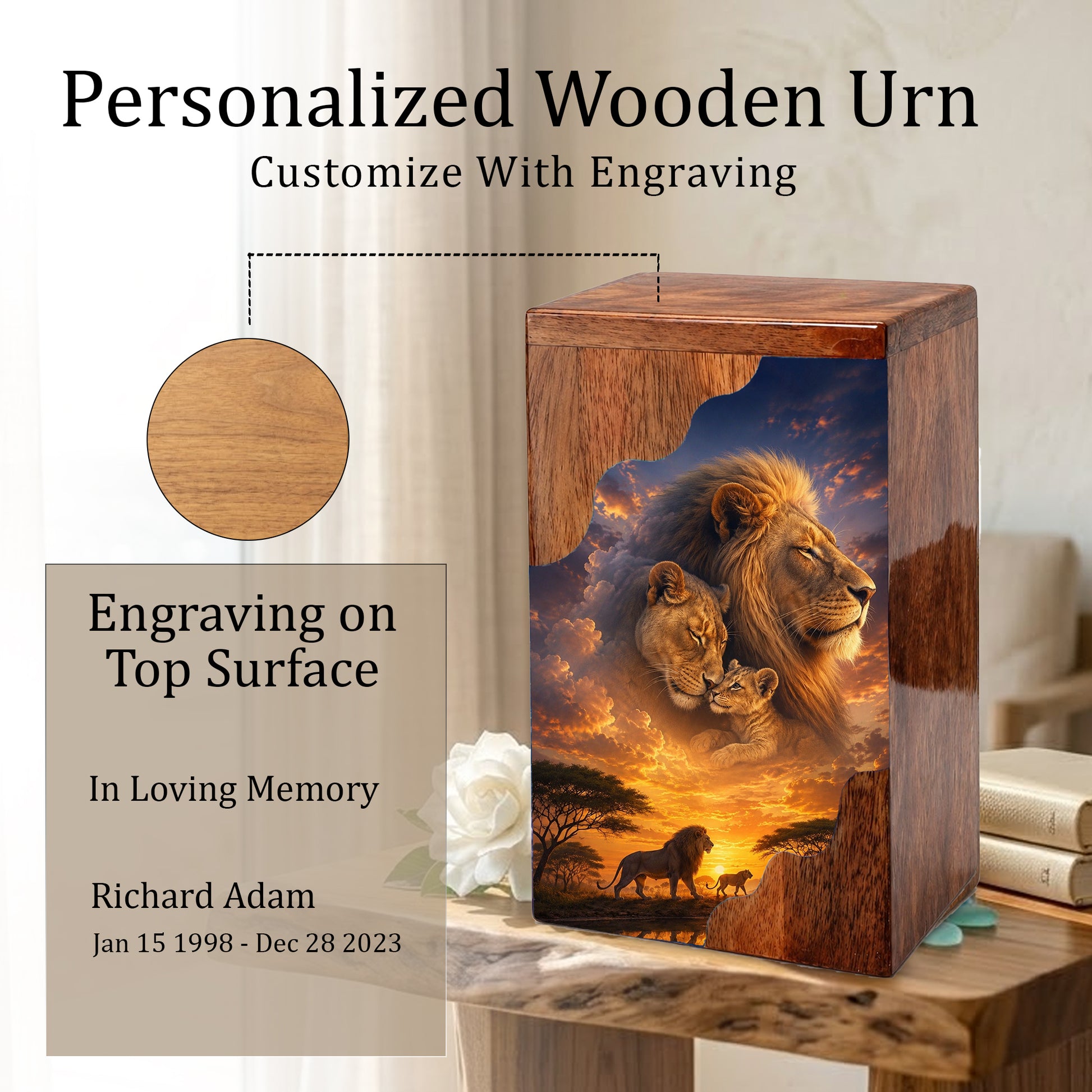 Lion Family Wooden Cremation Urn – Legacy & Eternal Love Memorial Urn for Human Ashes