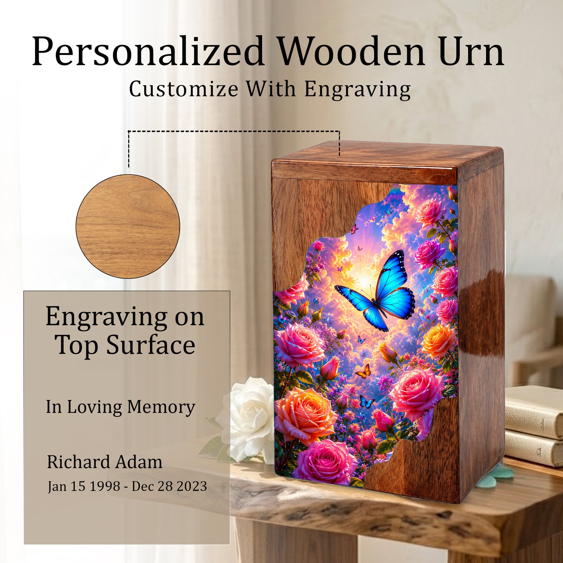 Butterfly Wooden Cremation Urn – Butterfly Memorial Urn for Human Ashes