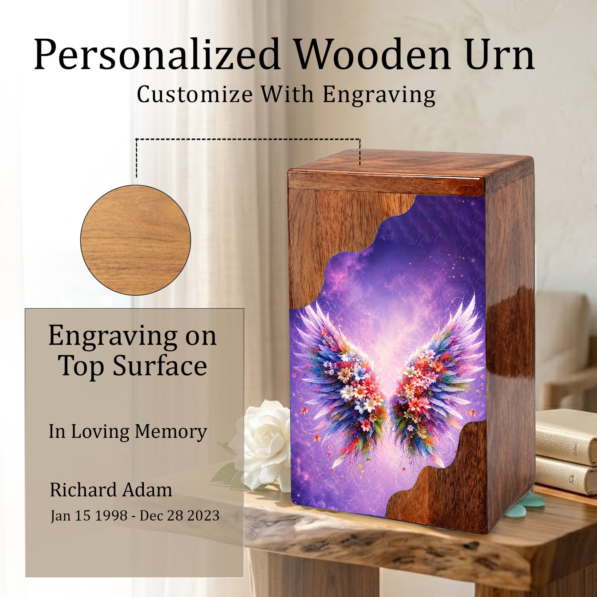 Angel Wings Wooden Cremation Urn – Wooden Urn for Human Ashes