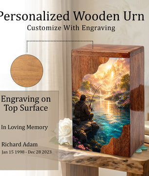 Heavenly Fishing Wooden Cremation Urn – Personalized Memorial Urn for Human Ashes