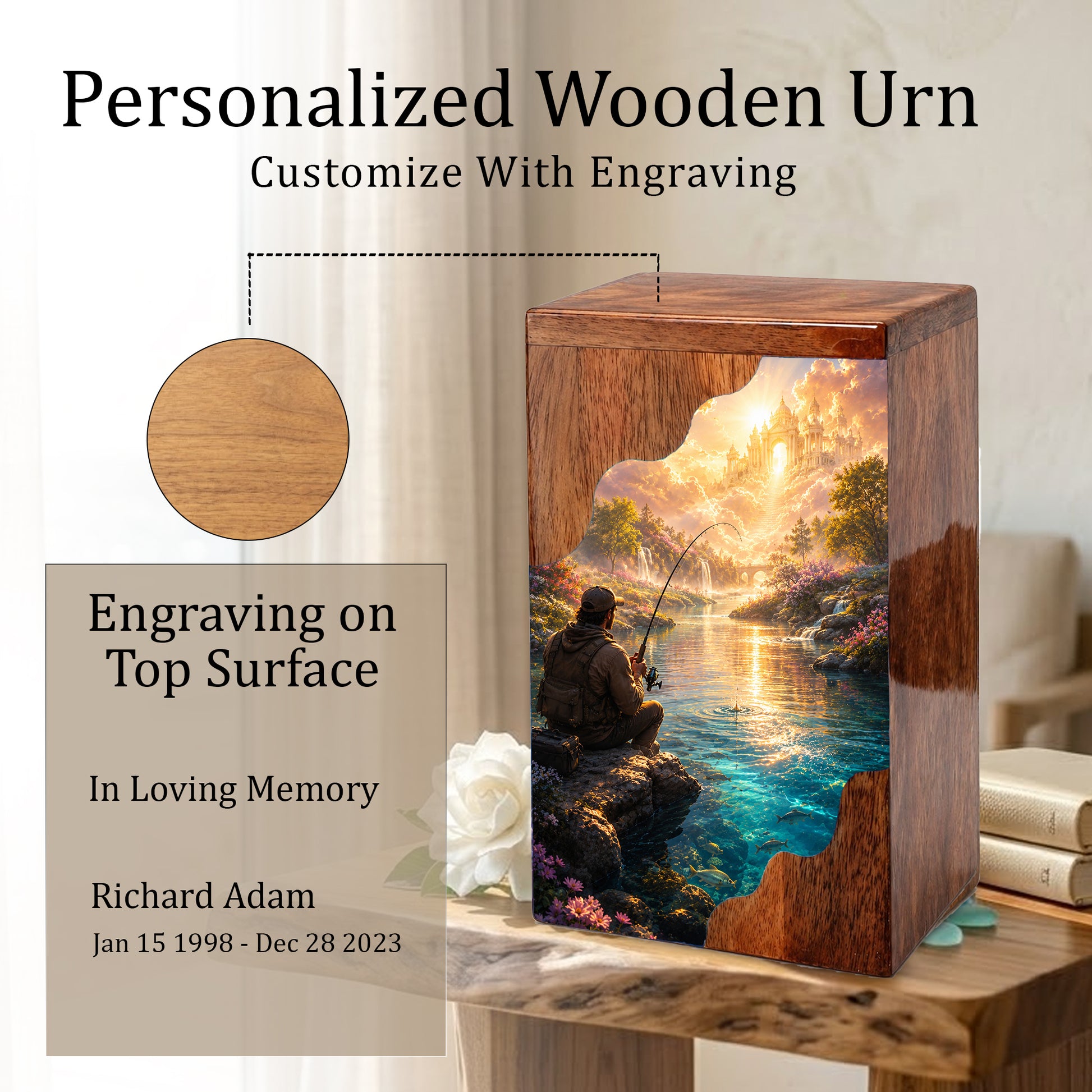 Heavenly Fishing Wooden Cremation Urn – Personalized Memorial Urn for Human Ashes