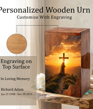 Christian Cross Wooden Cremation Urn – Personalized Memorial Urn for Human Ashes