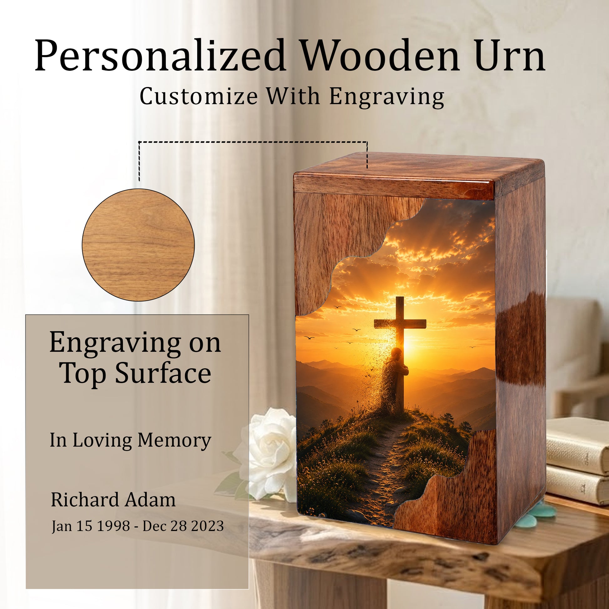 Christian Cross Wooden Cremation Urn – Personalized Memorial Urn for Human Ashes