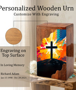 Wooden Cremation Urn – Radiant Cross Memorial Urn | Christian Wooden Urn for Ashes