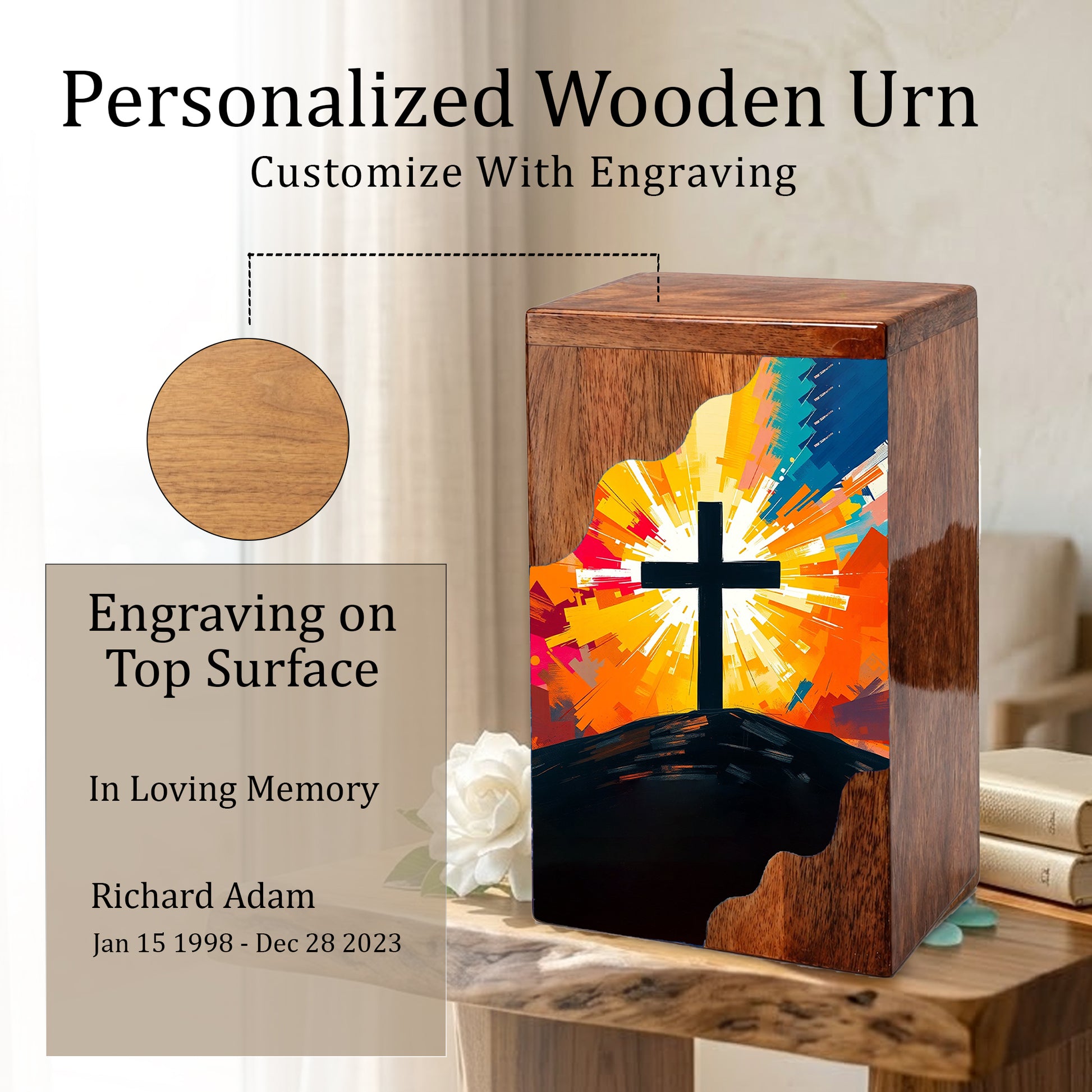 Wooden Cremation Urn – Radiant Cross Memorial Urn | Christian Wooden Urn for Ashes