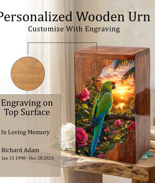 Tropical Parrot Wooden Cremation Urn – Personalized Memorial Urn for Human Ashes