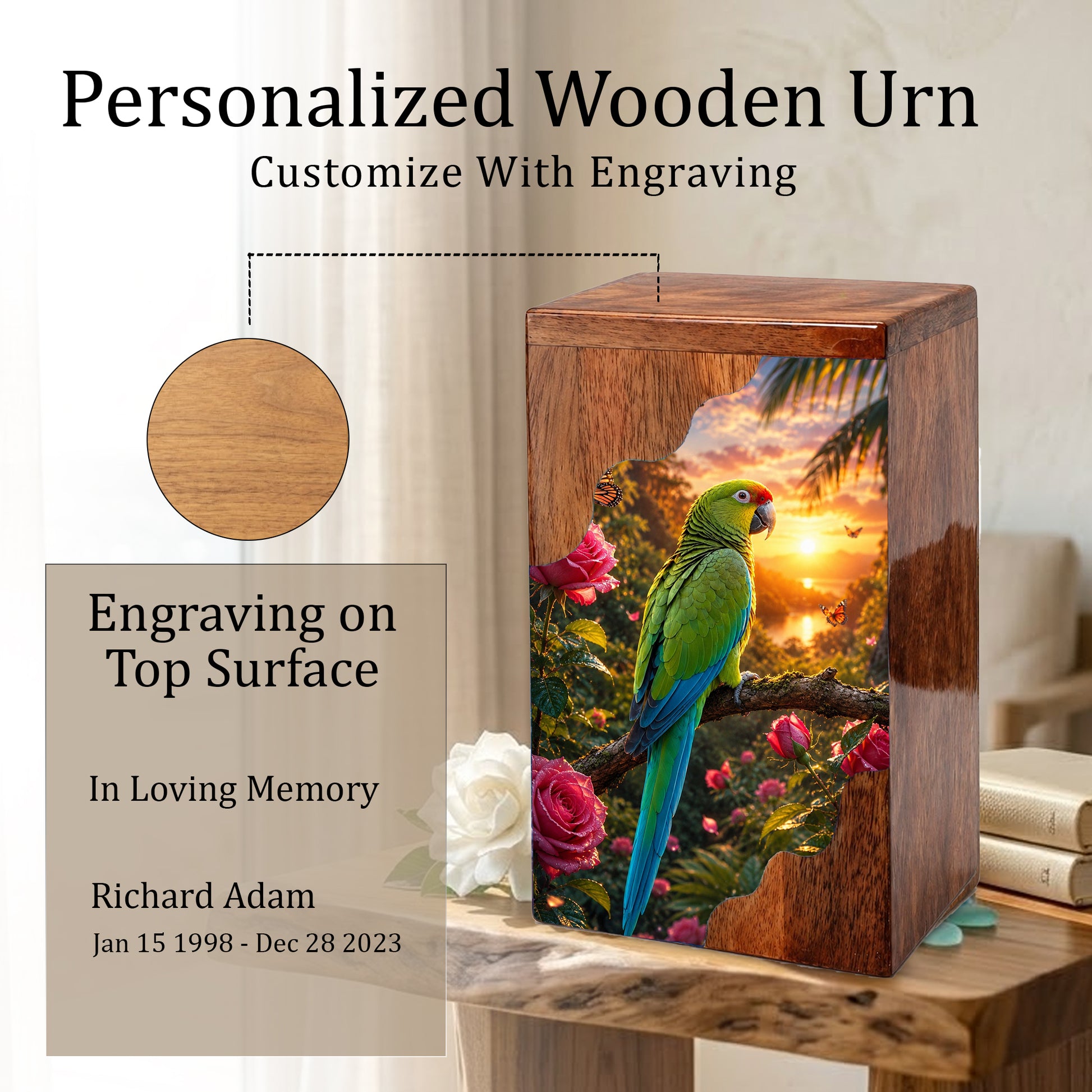 Tropical Parrot Wooden Cremation Urn – Personalized Memorial Urn for Human Ashes