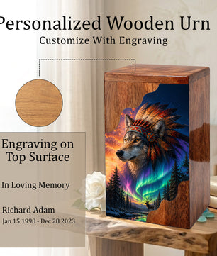Wolf Wooden Cremation Urn – Northern Lights Memorial Urn