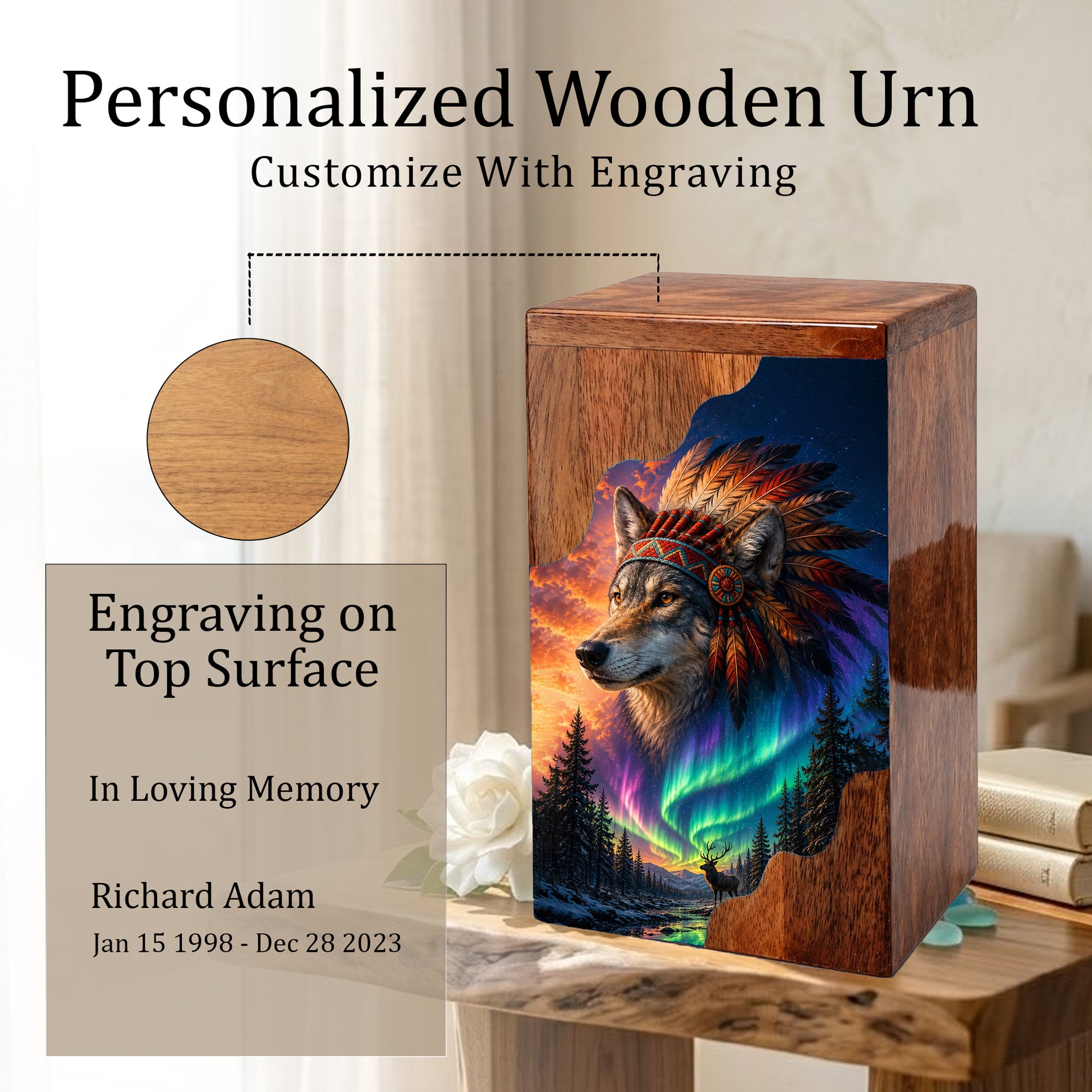 Wolf Wooden Cremation Urn – Northern Lights Memorial Urn