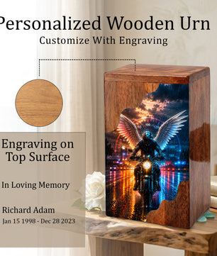 Motorcycle Wooden Cremation Urn – Memorial Urn for Dad Ashes | Biker Angel Wings Wooden Urn