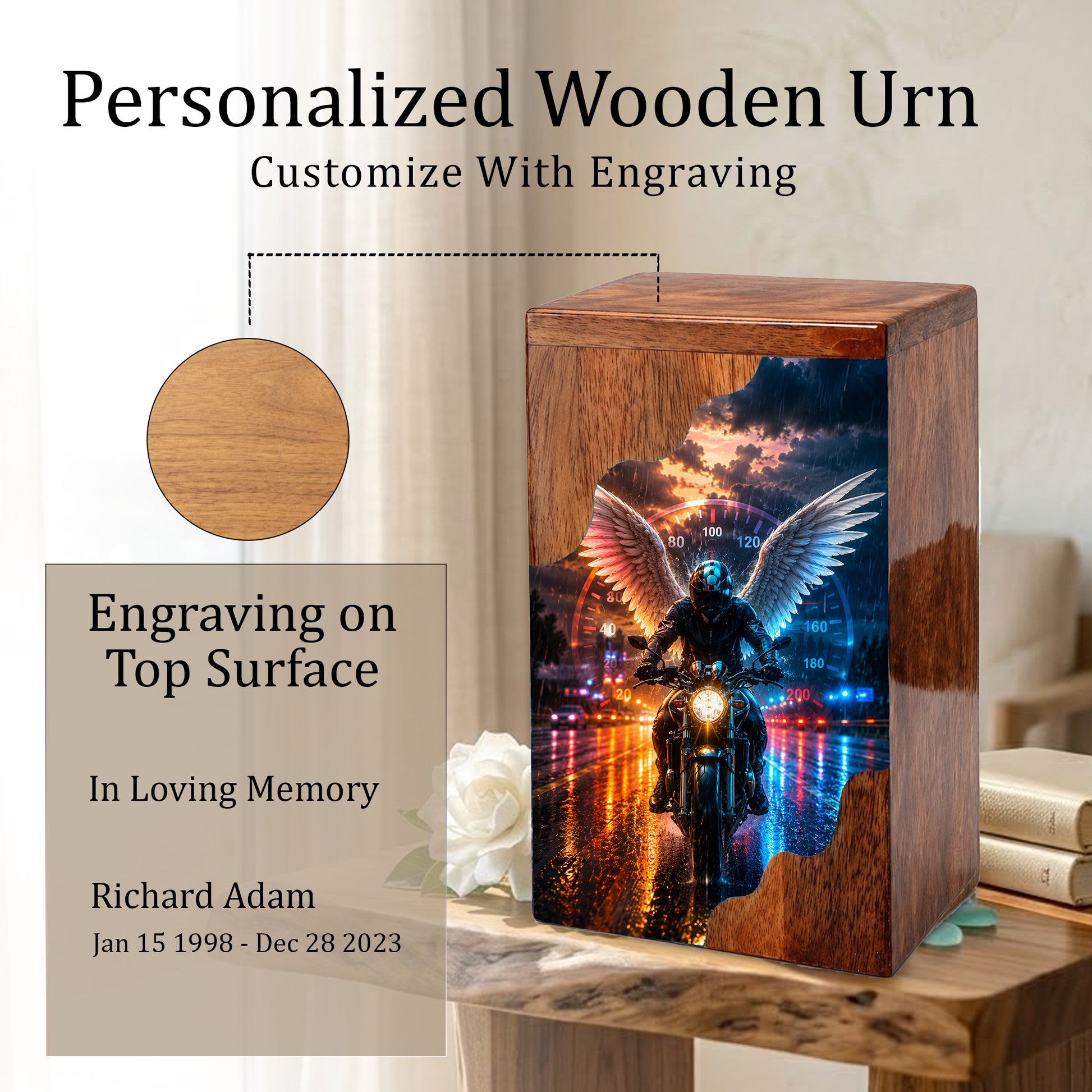 Motorcycle Wooden Cremation Urn – Memorial Urn for Dad Ashes | Biker Angel Wings Wooden Urn