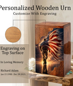 Military Wooden Cremation Urn – Patriotic Memorial Urn for Human Ashes