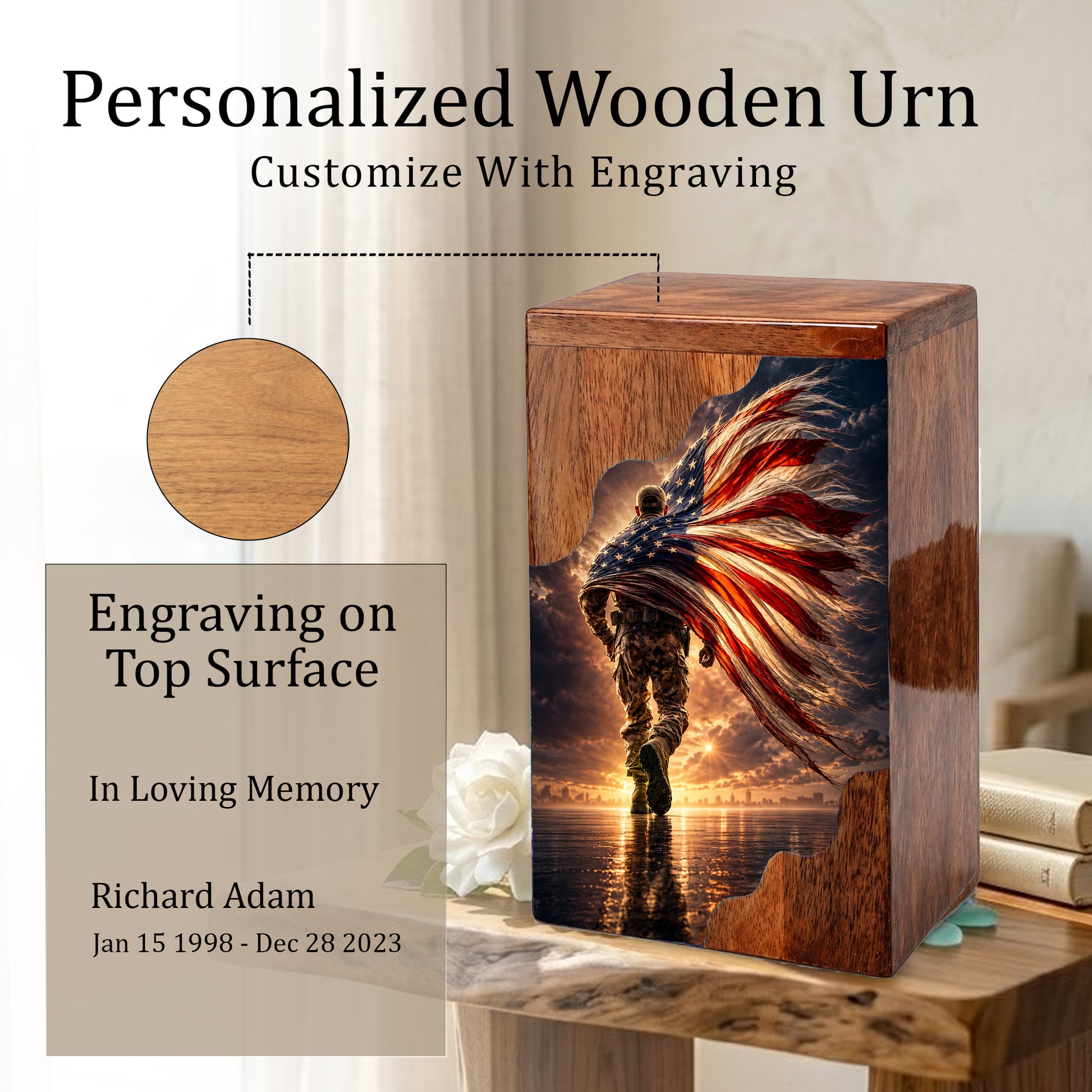 Military Wooden Cremation Urn – Patriotic Memorial Urn for Human Ashes