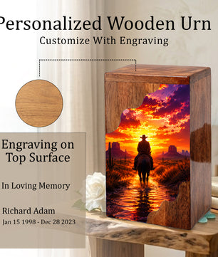 Western Cowboy Wooden Cremation Urn – Sunset Horse Memorial Urn for Human Ashes