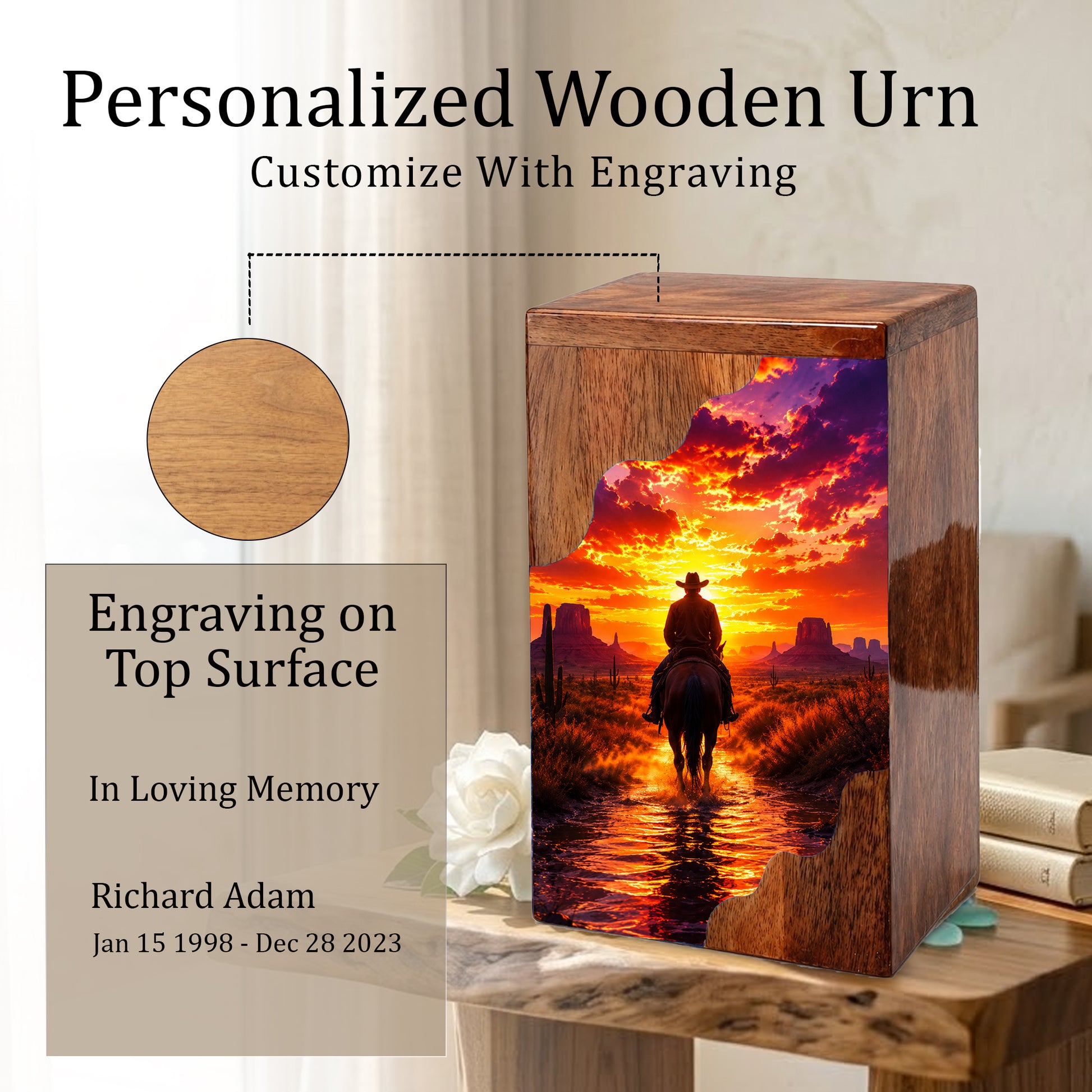 Western Cowboy Wooden Cremation Urn – Sunset Horse Memorial Urn for Human Ashes
