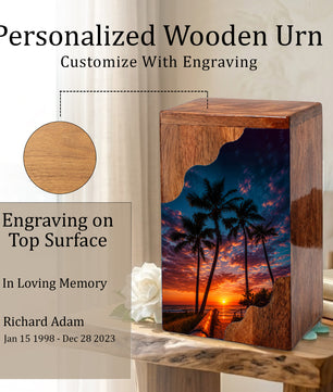 Beach Wooden Cremation Urn for Human Ashes | Tropical Sunset Memorial Urn