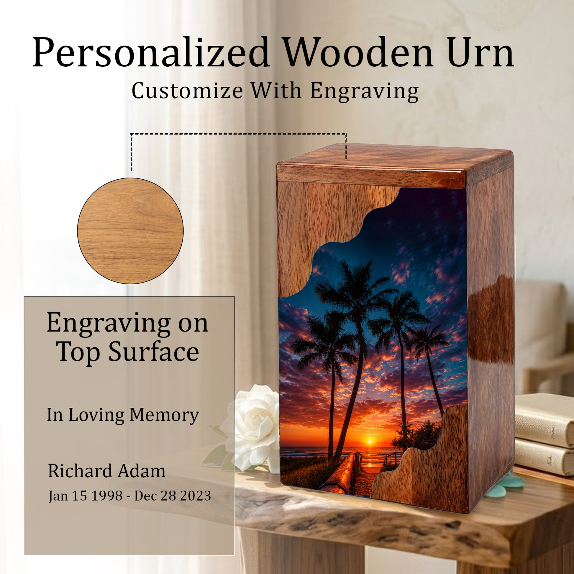 Beach Wooden Cremation Urn for Human Ashes | Tropical Sunset Memorial Urn
