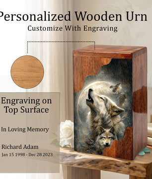 Wolf Cremation Urn for Dad | Wooden Urn for Human Ashes