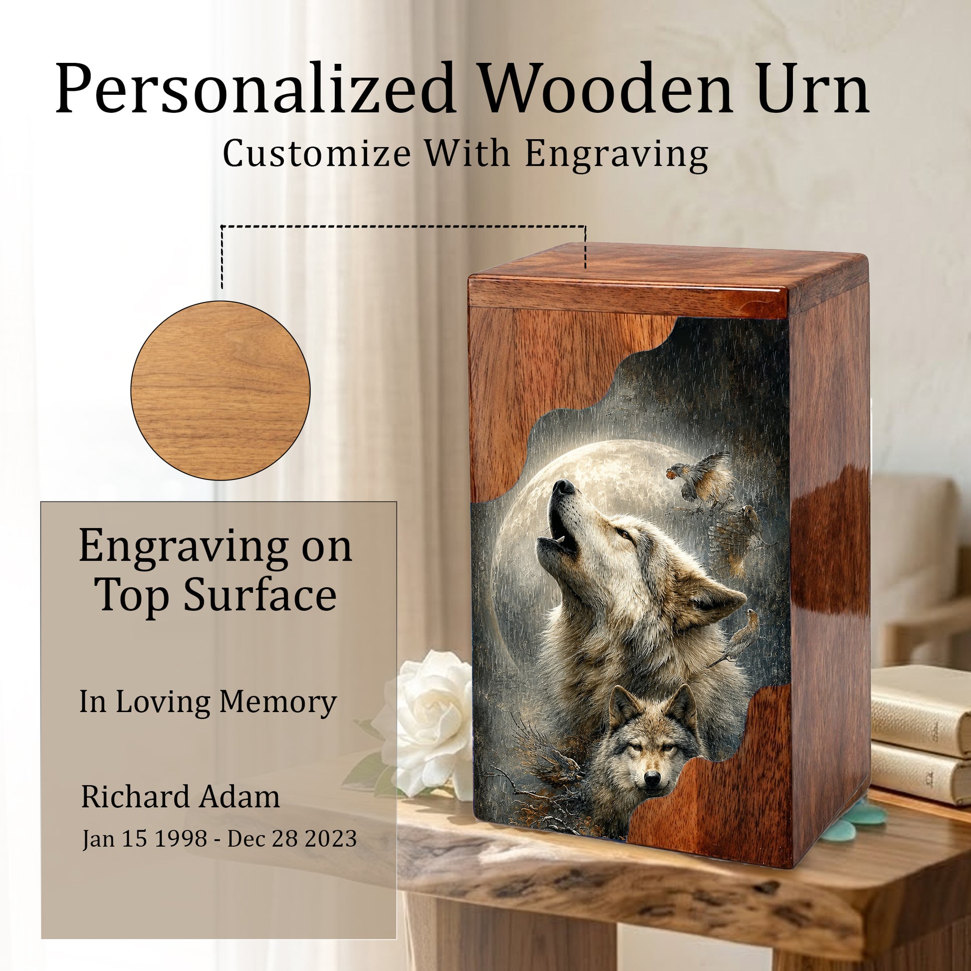 Wolf Cremation Urn for Dad | Wooden Urn for Human Ashes