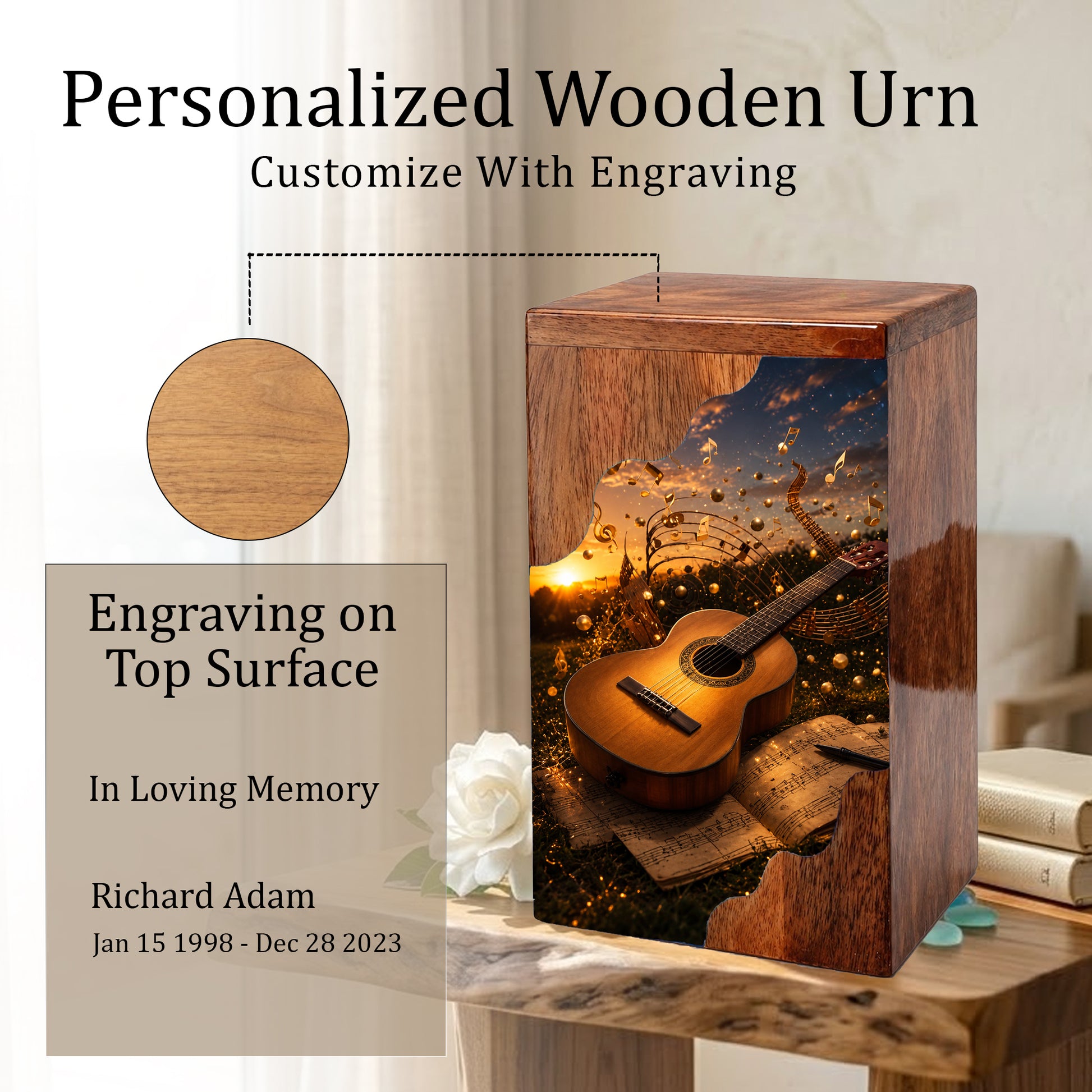Guitar Wooden Cremation Urn – Music Memorial Urn | Wooden Urn for Human Ashes