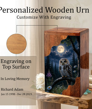 Owl Wooden Cremation Urn – Moonlit Memorial Urn | Wooden Urn for Human Ashes