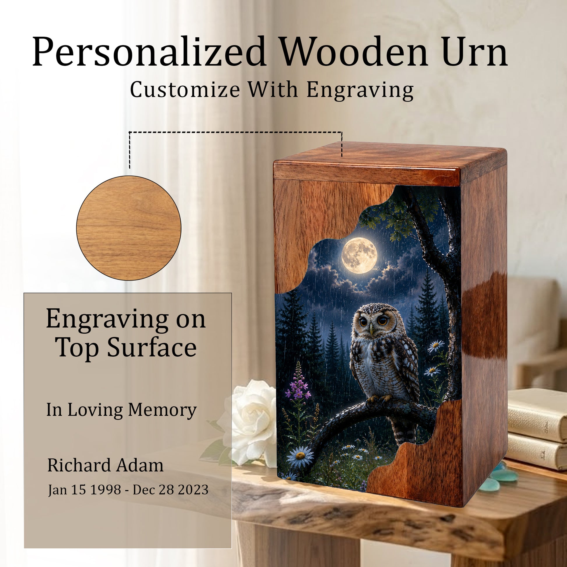 Owl Wooden Cremation Urn – Moonlit Memorial Urn | Wooden Urn for Human Ashes