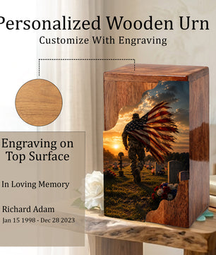 Military Wooden Cremation Urn for Veteran | American Flag Memorial Urn for Dad