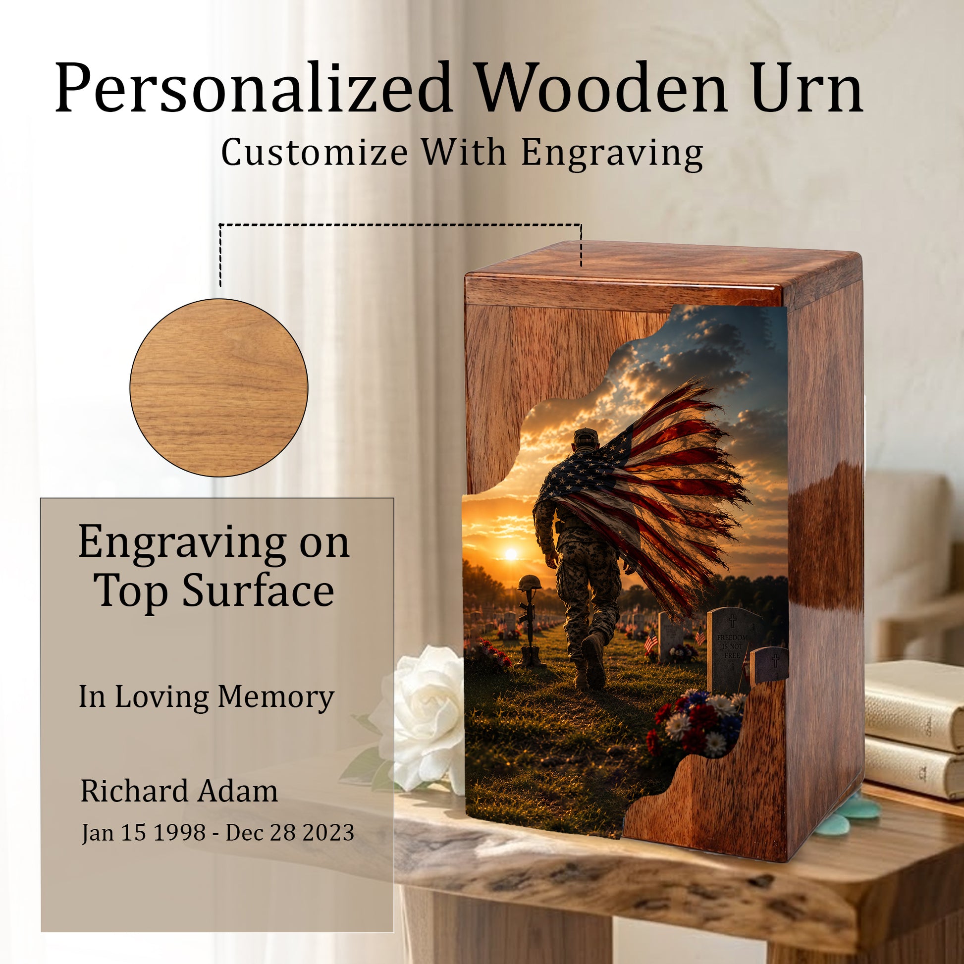 Military Wooden Cremation Urn for Veteran | American Flag Memorial Urn for Dad