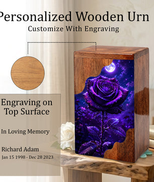 Moonlit Purple Rose Wooden Cremation Urn – Floral Memorial Urn for Human Ashes