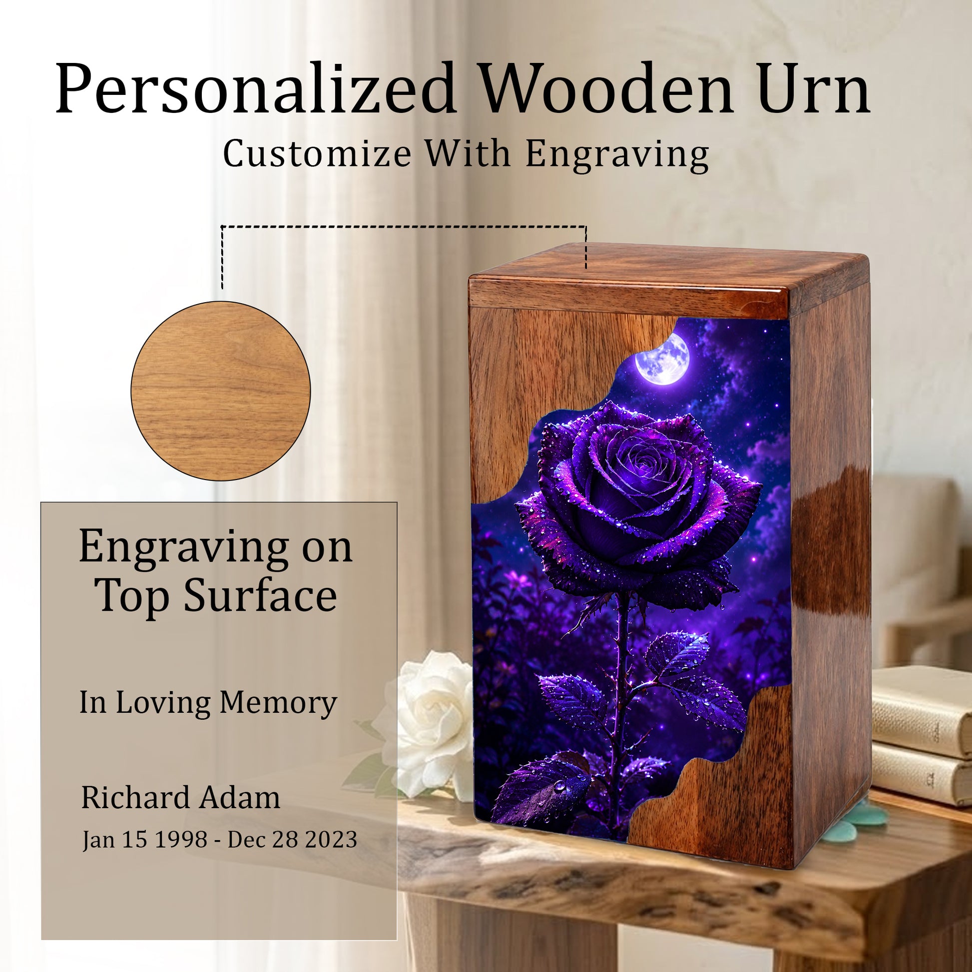 Moonlit Purple Rose Wooden Cremation Urn – Floral Memorial Urn for Human Ashes