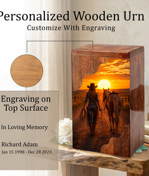 Western Wooden Cremation Urn – Cowboy Memorial Urn for Ashes | Sunset Horse Memorial Urn