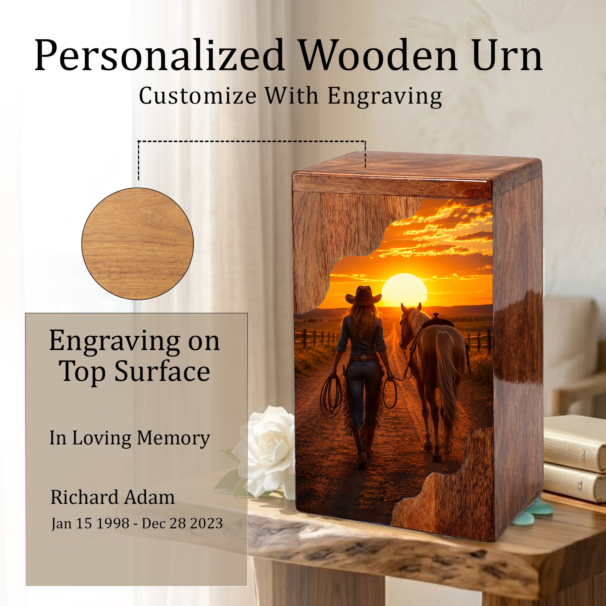 Western Wooden Cremation Urn – Cowboy Memorial Urn for Ashes | Sunset Horse Memorial Urn