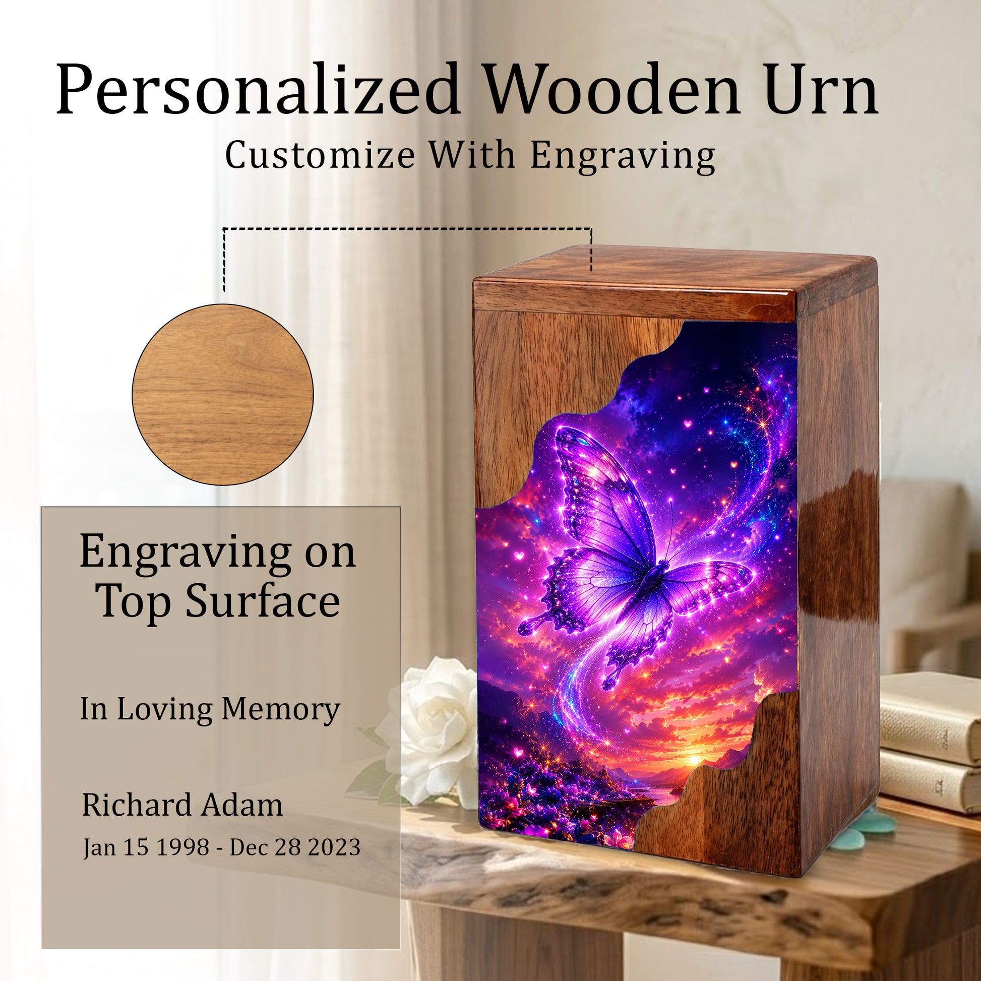 Butterfly Urn, Wooden Cremation Urn for Human Ashes