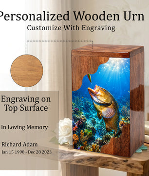 Fishing Wooden Cremation Urn – Ocean Fishing Memorial Urn for Human Ashes
