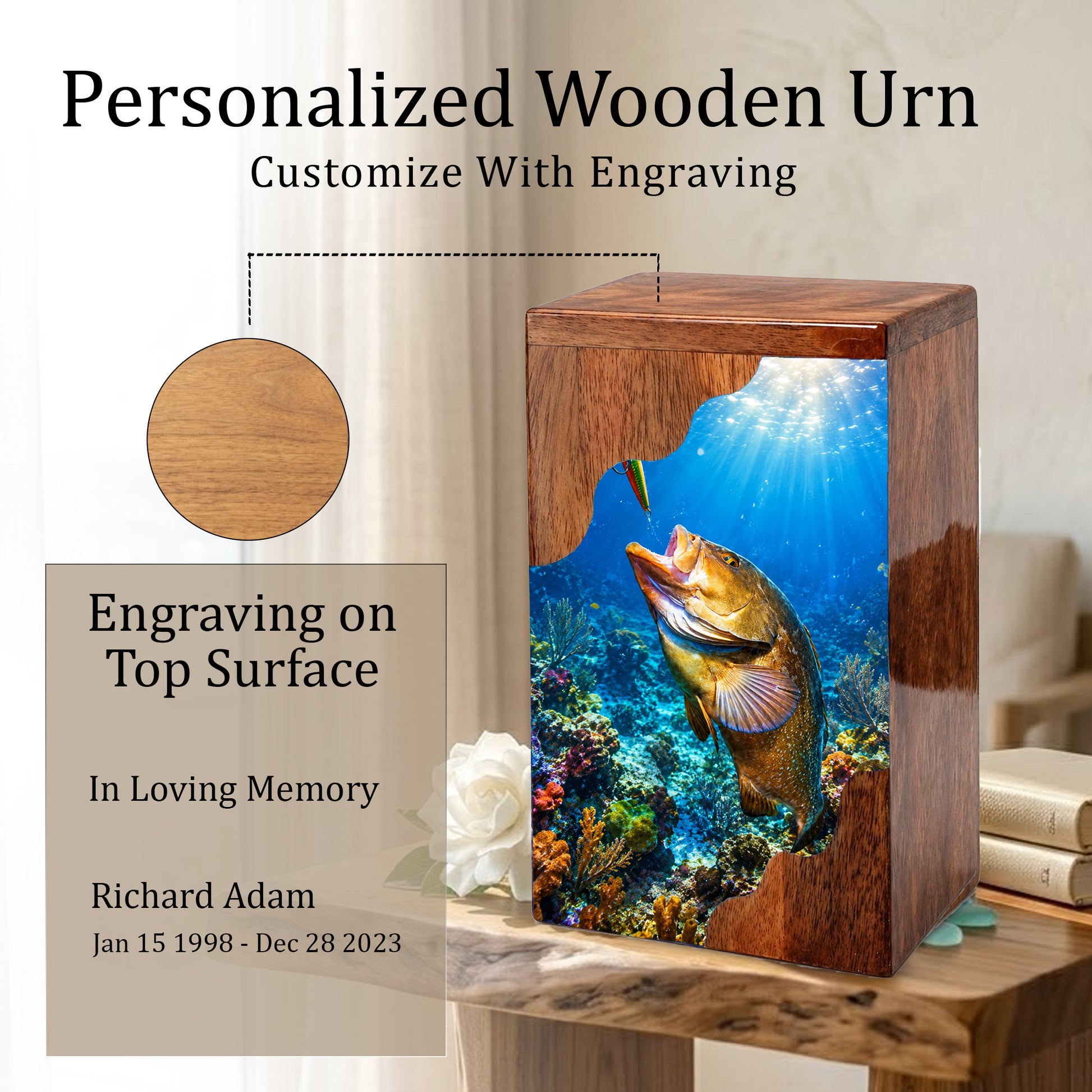 Fishing Wooden Cremation Urn – Ocean Fishing Memorial Urn for Human Ashes