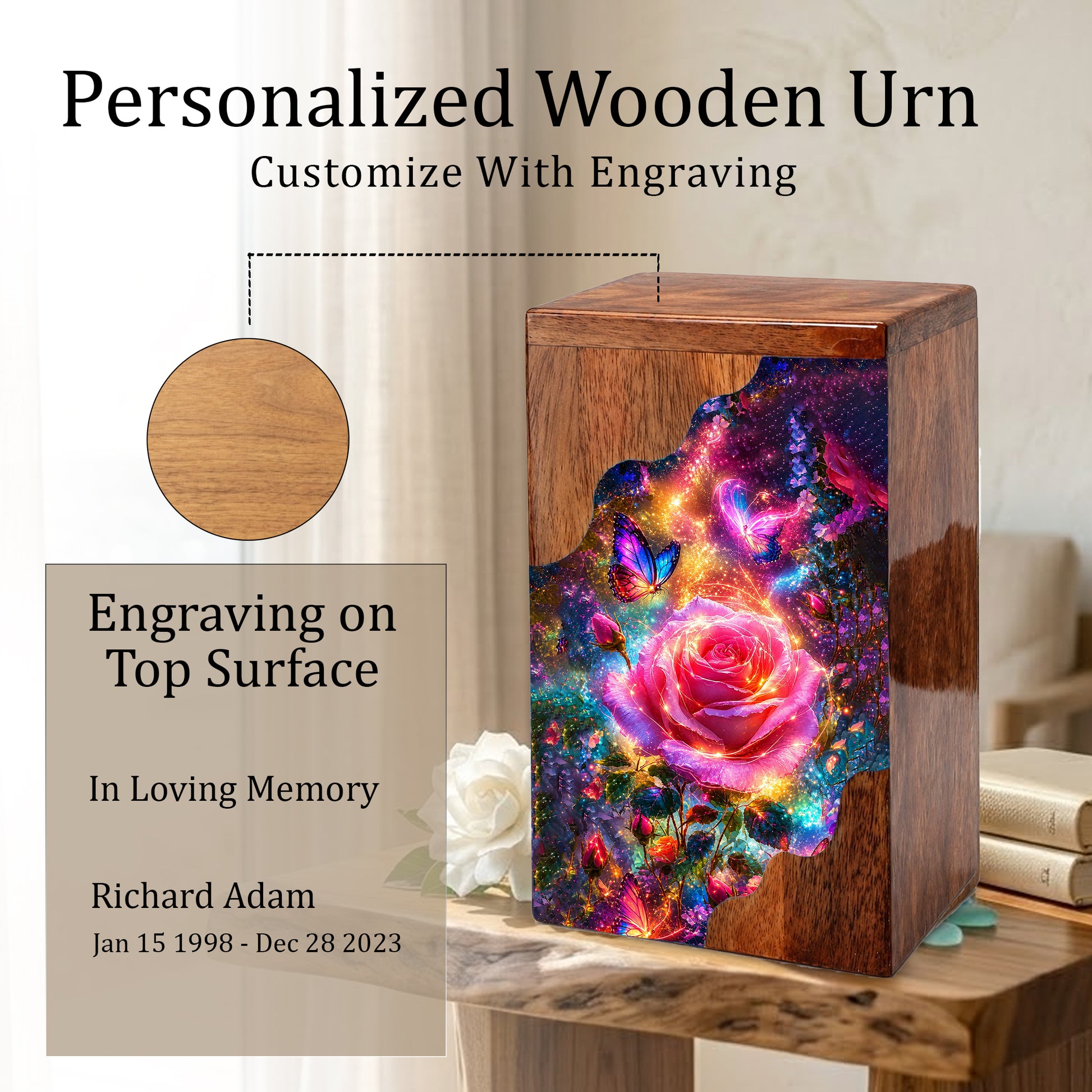 Rose Butterfly Wooden Cremation Urn for Human Ashes