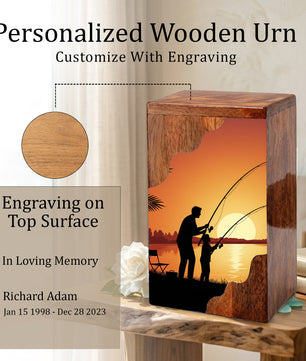 Sunset Fishing Wooden Cremation Urn – Gone Fishing Memorial Wooden Urn for Human Ashes