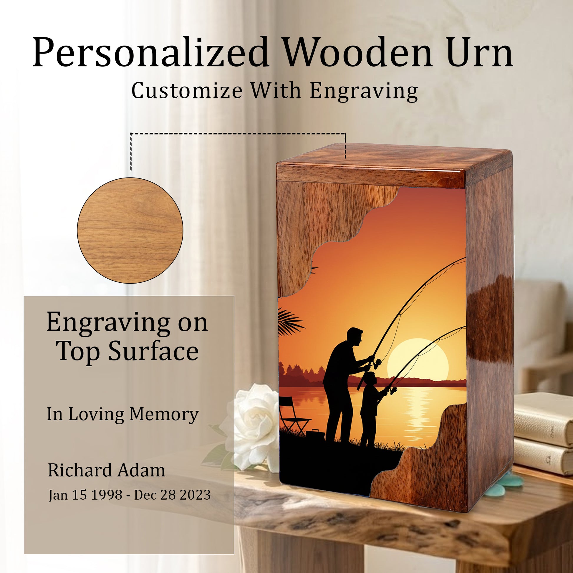 Sunset Fishing Wooden Cremation Urn – Gone Fishing Memorial Wooden Urn for Human Ashes