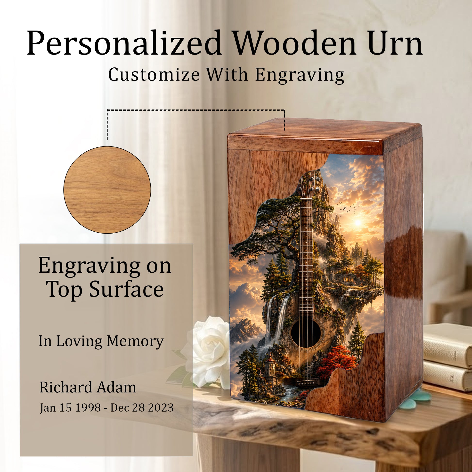 Guitar Wooden Cremation Urn – Wooden Urn for Human Ashes | Acoustic Guitar Memorial Urn