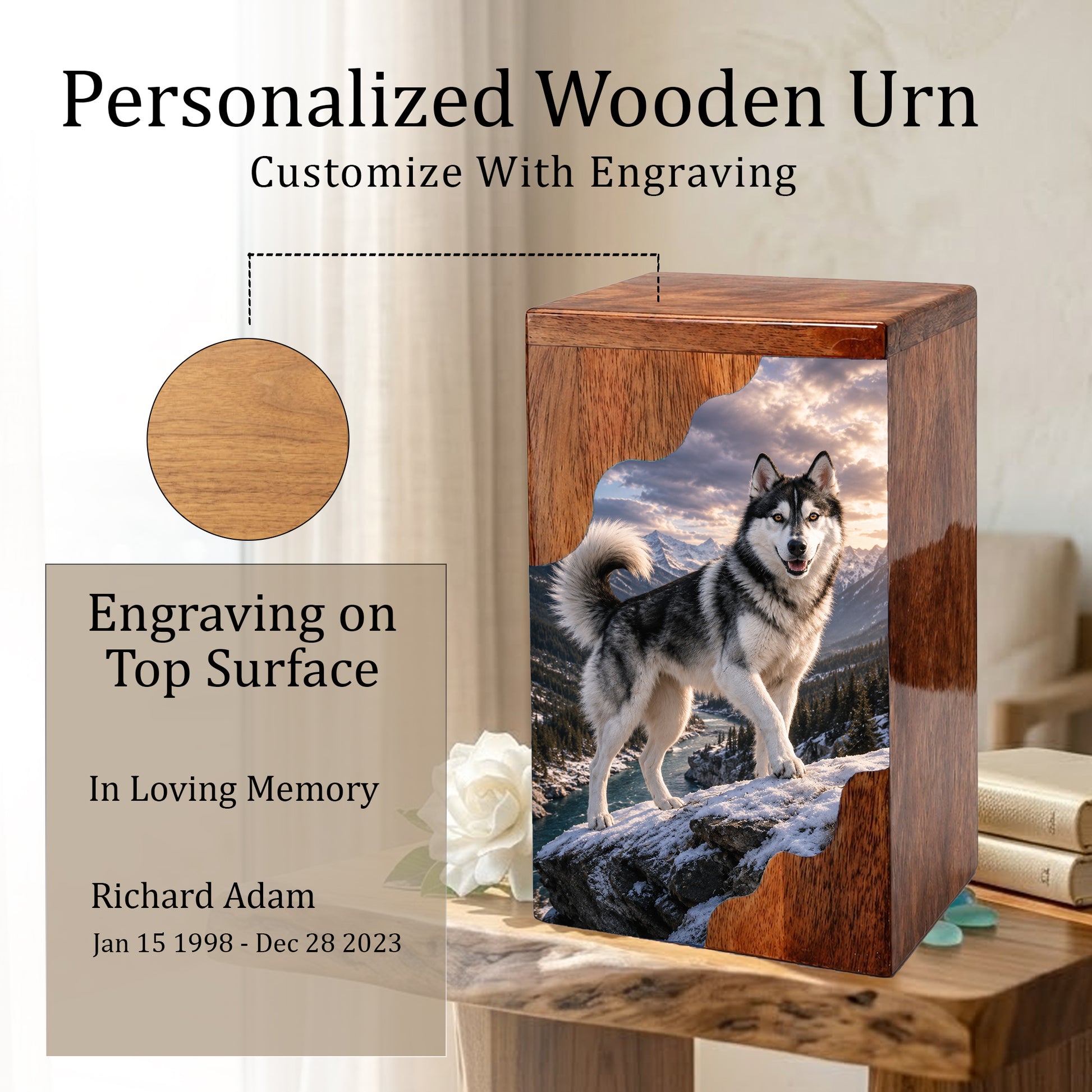 Husky Wooden Cremation Urn – Mountain Memorial Urn