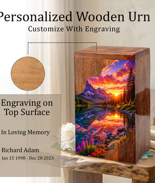 Sunset Wooden Cremation Urn – Mountain Lake Memorial Urn for Human Ashes