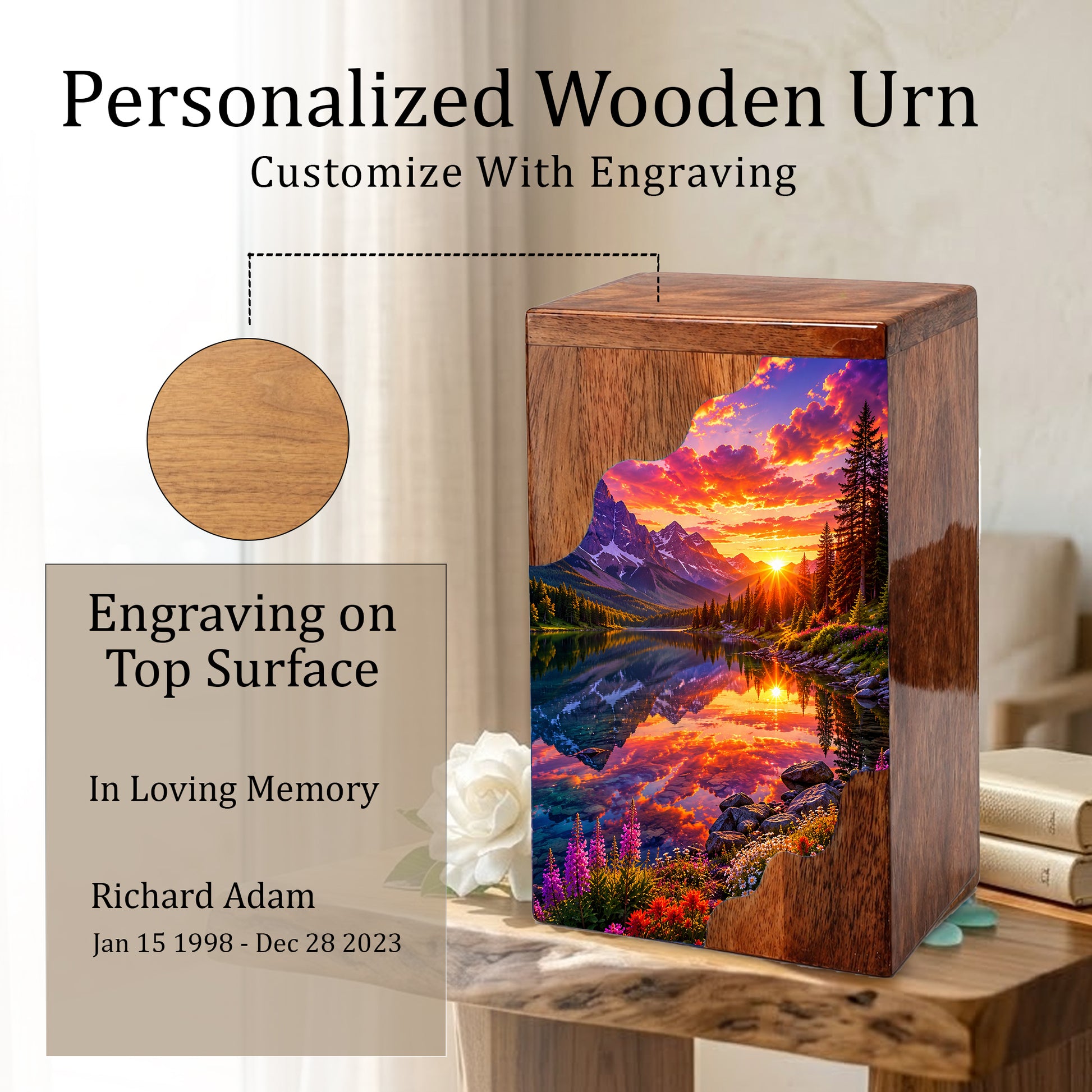 Sunset Wooden Cremation Urn – Mountain Lake Memorial Urn for Human Ashes