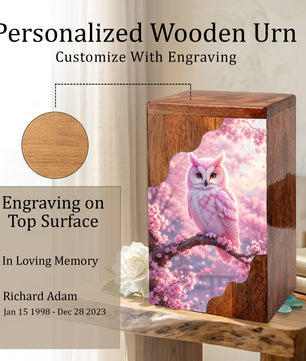 Pink Owl Wooden Cremation Urn – Cherry Blossom Memorial Urn