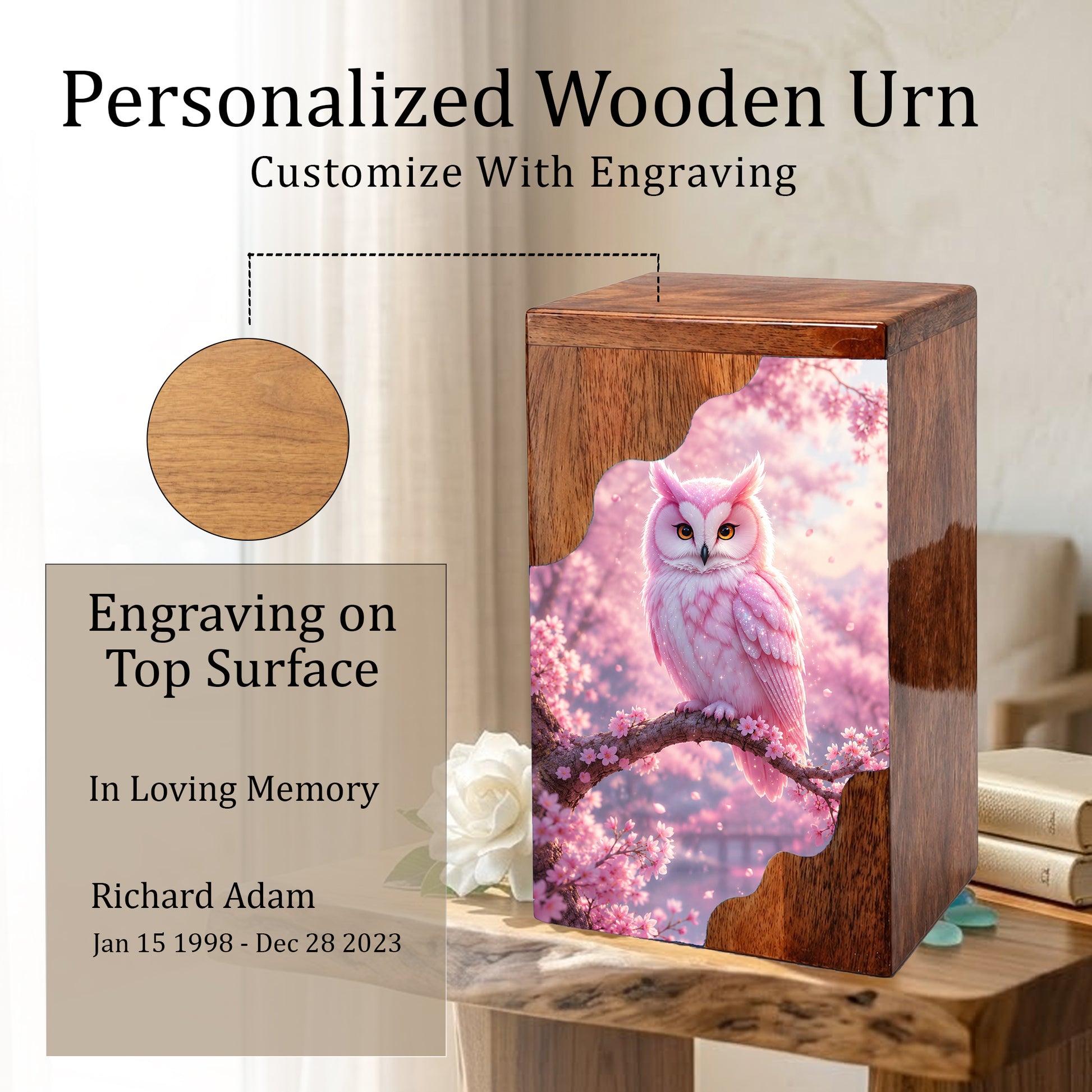 Pink Owl Wooden Cremation Urn – Cherry Blossom Memorial Urn