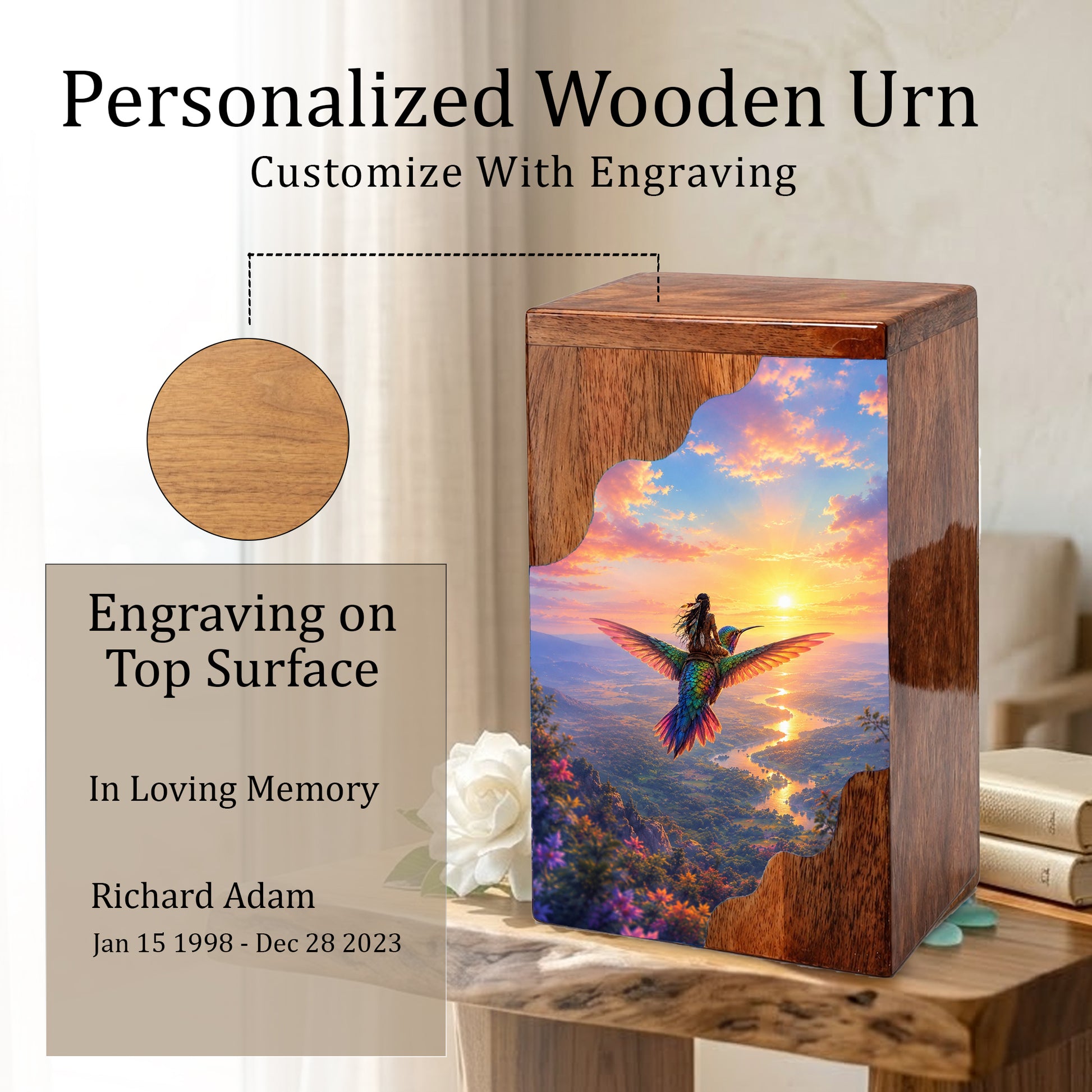 Hummingbird Wooden Cremation Urn for Human Ashes
